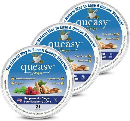 Vista 17 de Three Lollies Queasy Drops - Sabor a Cola - Alivio de las náuseas y del mareo de viaje, calma la boca seca y calma el estómago - Ingredientes