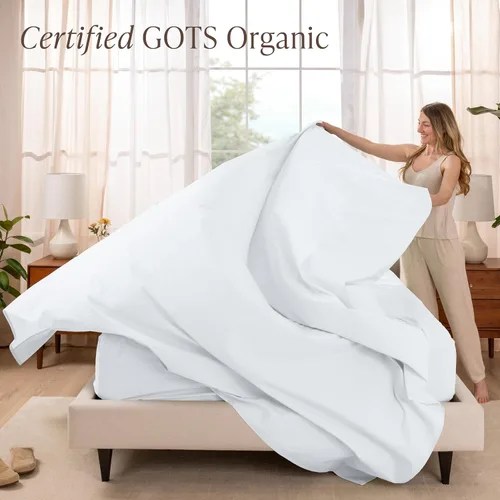 Vista 2 de Bare Home Juego de sábanas y fundas de almohada de 100 % algodón orgánico para cama individual, tejido percal vigoroso, ligero y transpirable