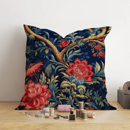 Vista 4 de Funda de almohada estilo chino floral botánico azul marino, burdeos, dorado, funda de almohada asiática de 20 x 20 pulgadas, funda de almohada