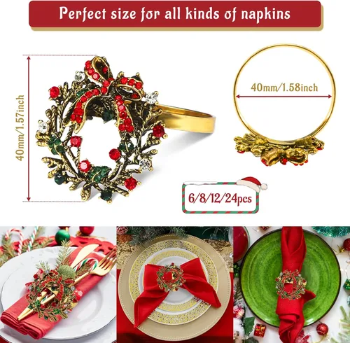 Vista 2 de Legigo Juego de 8 servilleteros de corona de Navidad, corona de diamantes, servilleteros de Navidad para servilletas de tela, decoración de mesa