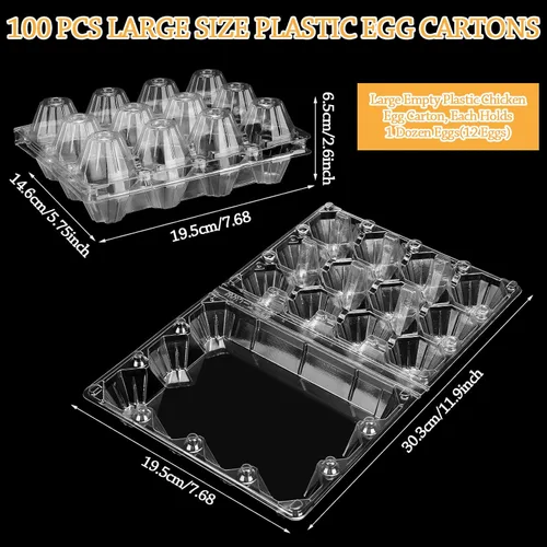 Vista 8 de 100 cajas de cartón de plástico para huevos a granel, 12 rejillas, bandeja transparente para huevos de gallina con etiquetas adhesivas, recipiente