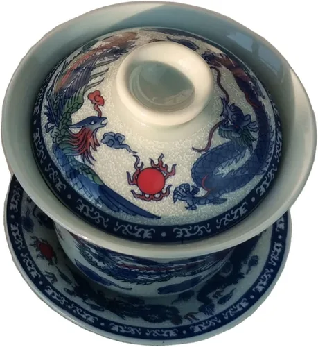 Vista 7 de Gaiwan - Juego de té de porcelana con diseño de panoya chino (4.7 fl oz, diseño de dragón y fénix)