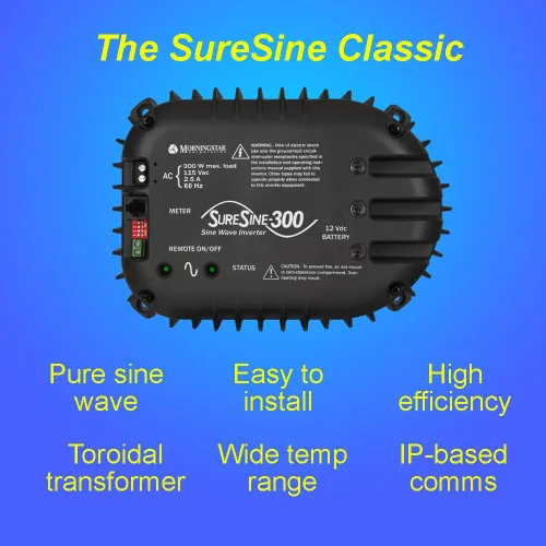Vista 2 de Morningstar SureSine (Classic) Inversor de potencia de 300 W, inversor de onda sinusoidal pura, Inversor de corriente de 12V a 110V CC a CA