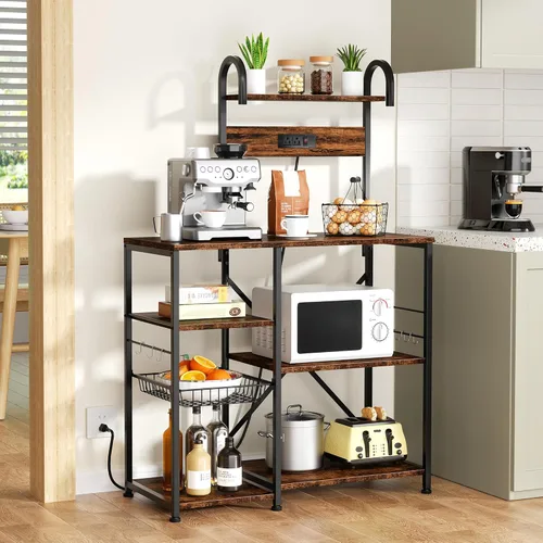 Vista 7 de JAMFLY Estante para hornear de cocina de 35.4 pulgadas con toma de corriente, mesa de café y soporte para microondas, estante de almacenamiento