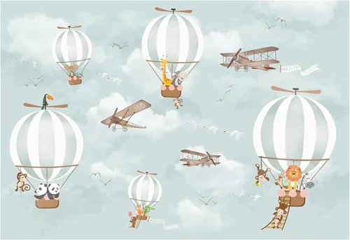 Murwall Papel pintado para niños, globo aerostático, animales, papel pintado para niños, mural de pared de avión, arte de pared para guardería,