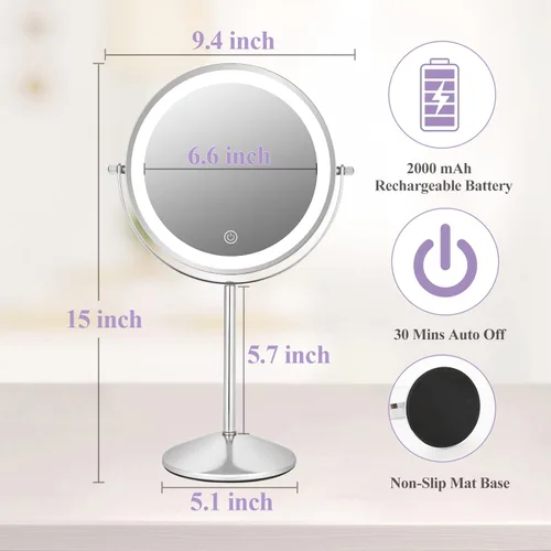 Vista 7 de 8" Makeup Mirror with Lights, 1X/10X Lighted Vanity Mirror with Magnification, 3 Color Adjustable Brightness, 360° Rotating Dual-Side, USB
