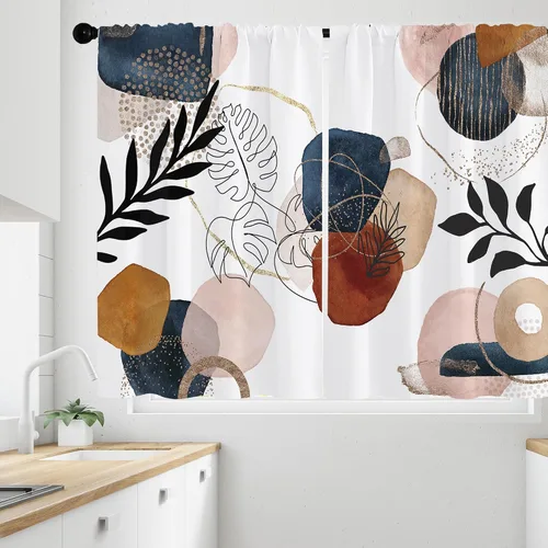 Cortinas abstractas bohemias de cocina azul marino y oro de mediados de siglo, cortinas de ventana de baño, cortinas modernas estéticas geométricas