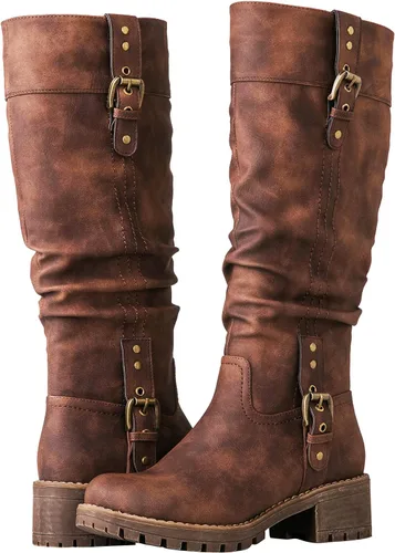 Vista 2 de GLOBALWIN Botas de tacón bajo grueso para mujer, botas altas hasta la rodilla para mujer