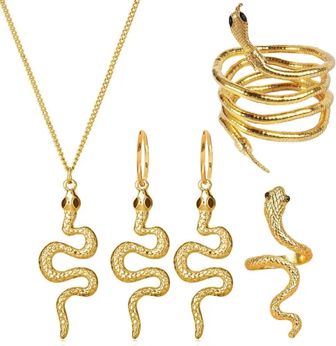 Juego de joyas de serpiente para mujer, aretes colgantes de serpiente, pulsera de serpiente brillante, collar de serpiente medusa ajustable, juego