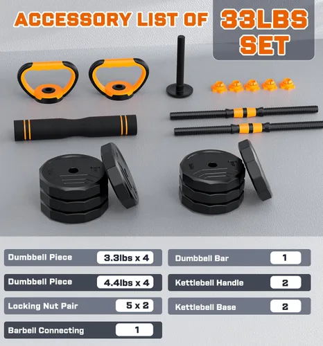 Vista 9 de 5-in-1 Adjustable Dumbbell Set, 33/44/66/88lbs Free Weights Set with Connector, Used as Kettlebells, Barbell, Push up Stand, Standard 1" Plates 33