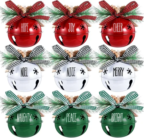 Aoriher 9 piezas de adornos de campanas de Navidad de 3.1 pulgadas, campanas rústicas de cascabel de Navidad con conos de pino, lazo a cuadros para