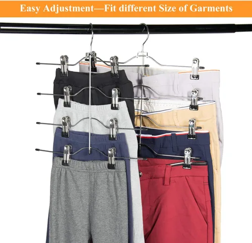 Vista 5 de Perchas para pantalones de varias capas, perchas de falda de 4 niveles con clips ajustables, organizador de armario antideslizante que ahorra