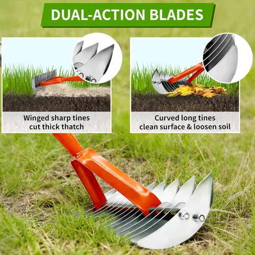 Vista 3 de TCBWFY Rastrillo de paja para césped, rastrillo de 14.57 pulgadas, rastrillo de paja de metal resistente, desthatcher manual ajustable de 68