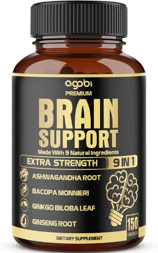 agobi Suplemento de apoyo cerebral 9 en 1, mezclado con Ashwagandha, Panax Ginseng, Gotu Kola, Ginkgo Biloba, pimienta negra y más, precisión,