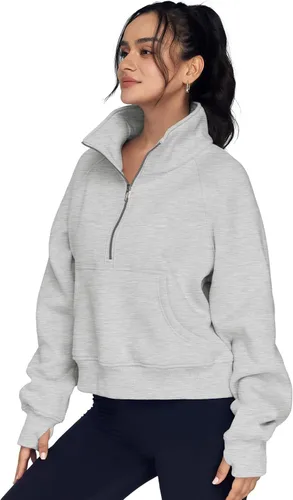 Vista 2 de AUTOMET Sudaderas con media cremallera para mujer, sudadera corta de forro polar con cremallera de un cuarto, trajes de otoño, ropa con agujero
