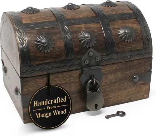 Nautical Cove - Cofre del tesoro pirata hecho a mano para niños, premios y aula con cerradura y llaves de esqueleto – Caja de almacenamiento de