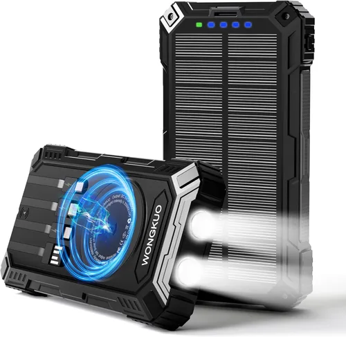 Vista 11 de WONGKUO Cargador solar de batería - Cargador solar de teléfono de 49800 mAh con entrada USB-C, carga rápida QC 3.0 con linterna LED, 4 cables Rojo