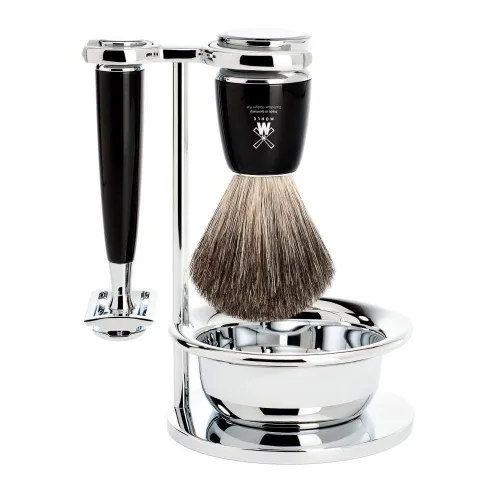 MÜHLE RYTMO - Juego de afeitar de seguridad de 4 piezas de tejón puro de doble filo (peine cerrado) para hombres, perfecto para uso diario, afeitado