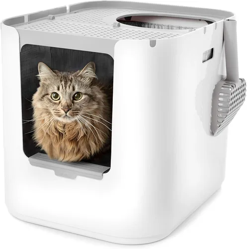 Vista 10 de Modkat® Caja de arena XL, configuración de entrada superior o frontal, base sin costuras de altura completa, forros de arena reutilizables, cuchara