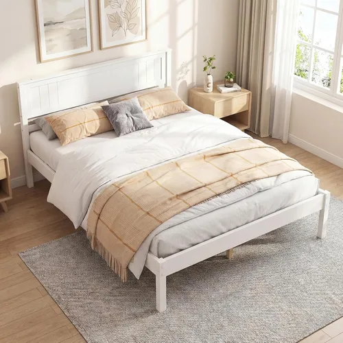 Vista 10 de KOMFOTT Marco de Cama de Madera Tamaño Twin con Cabecero, Marco de Cama de Madera Maciza con Soporte de Listones, Almacenamiento Debajo de la Cama