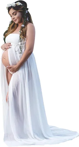 Vestido de maternidad sin tirantes para mujer, con hombros descubiertos, para fotografía, vestido de gasa con abertura frontal para sesión de fotos