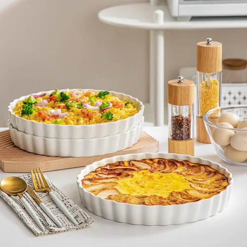Vista 7 de LOVECASA Molde para hornear quiche de porcelana, molde para pastel reutilizable de 10 pulgadas, molde redondo antiadherente para pastel, molde