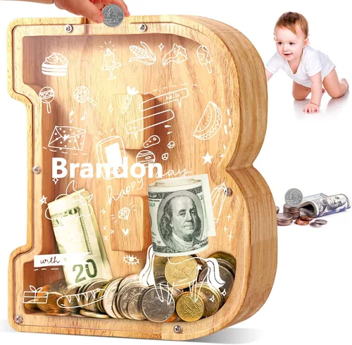 Vista 10 de UBeesize alcancías de letras para niños y niñas, alcancía de madera personalizada para billetes y monedas, caja de dinero, regalo de cumpleaños