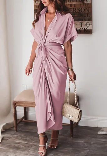 Vista 2 de Linsery - Vestido largo camisero de manga corta con botones y cinturón para mujer elegante de satén