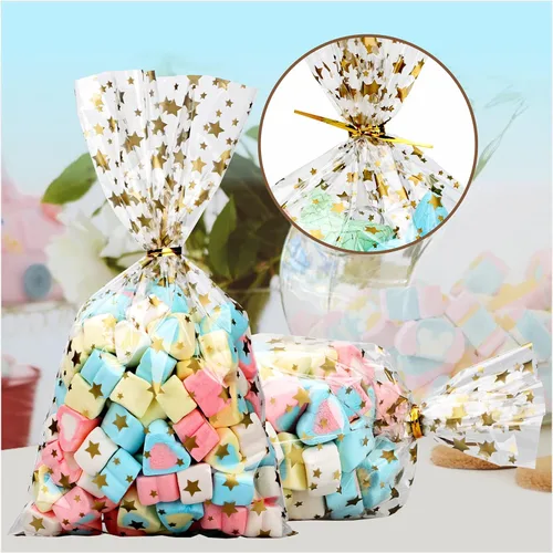 Vista 8 de 100 bolsas de celofán, bolsas de celofán transparente impresas con estrellas doradas de 3 x 5 pulgadas, 100 lazos giratorios, para envolver regalos