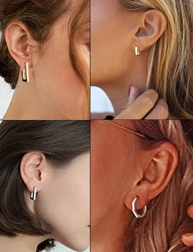Vista 3 de Ofeiyaa 6 pares de aretes de aro minimalistas de acero inoxidable, pequeños, geométricos, cuadrados, triangulares, con estrella, rectangulares