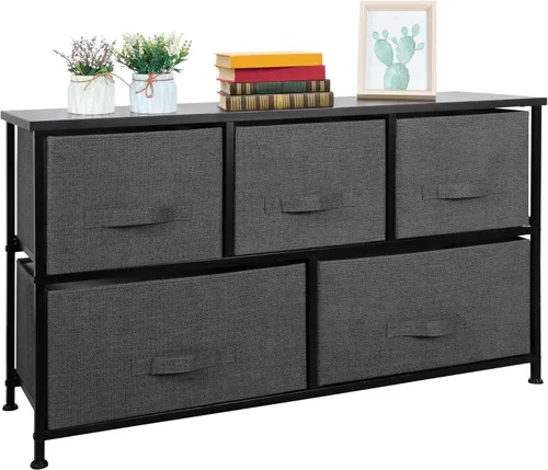 SUPER DEAL Cómoda ancha para dormitorio, organizador de almacenamiento de tela de 5 cajones, marco de acero resistente, parte superior de madera