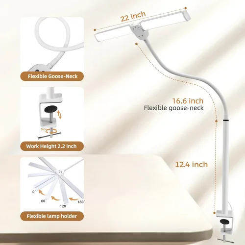 Vista 3 de Lámpara de escritorio LED para oficina en casa, luz de arquitecto para el cuidado de los ojos con abrazadera, lámpara inteligente de doble cabezal