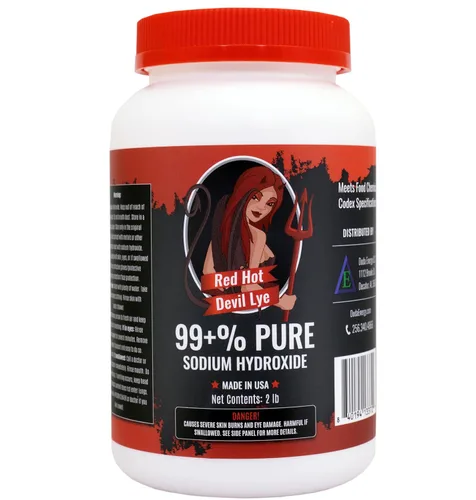 Duda Energy 2 lb Red Hot Devil Lye Hidróxido de sodio cumple con el Codex químico de alimentos de alto grado, soda cáustica, Blanco, 940 g