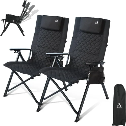 Vista 13 de Silla de campamento reclinable de aluminio, sillas de césped plegables resistentes con respaldo alto ajustable de 4 etapas para adultos, silla Negro