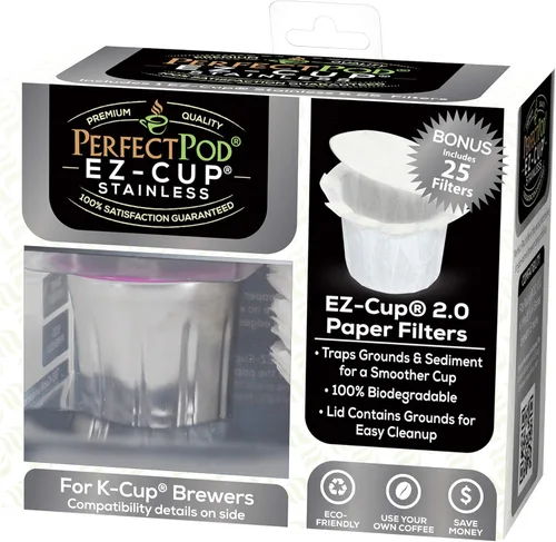 Vista 8 de EZ-Cup Stainless Steel 1-Stream Reusable K Cup Coffee Pod for Keurig + 25 Disposable Paper Filters - Refillable Capsule Compatible with Keurig and