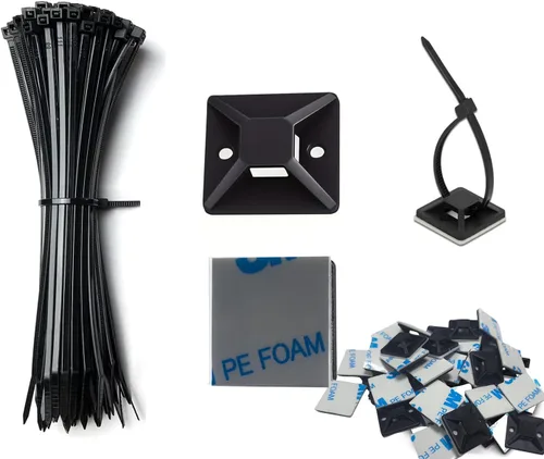 Kit de organización de cables, juego de 100 soportes adhesivos para bridas de cables con bridas de 8 pulgadas | Organizadores de cables resistentes