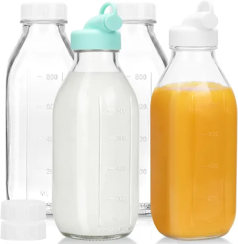 Vista 9 de CUCUMI 5 botellas de jugo de vidrio de 16 onzas con tapas, recipientes reutilizables para jugo, tarros de agua con cepillo, popotes de vidrio, tapas