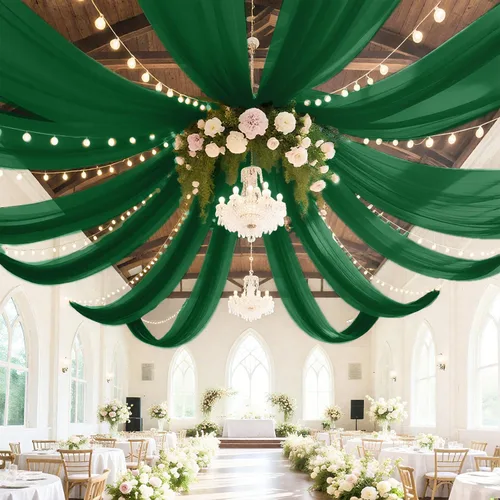 Vista 2 de Cortinas de techo verdes para cortinas de boda para techo, tela drapeada, 2 paneles de 5 x 20 pies, cortinas de tela para cortinas de arco de boda
