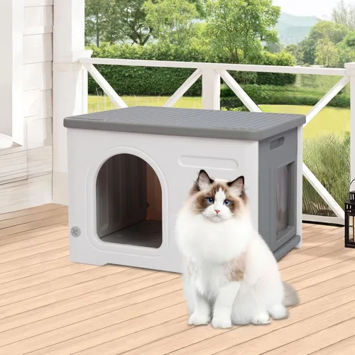 Vista 8 de Rockever Casa de plástico para gatos al aire libre con puerta de escape, casa impermeable para gatos ferales al aire libre e interior, casa
