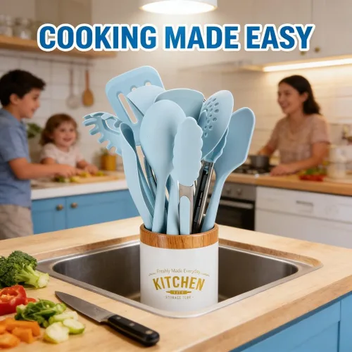 Vista 4 de Silicone Kitchenware Cooking Utensils Set, 12PCS Blue - Heat Spatula, Composite Wood Handle, Home Cooking Essential