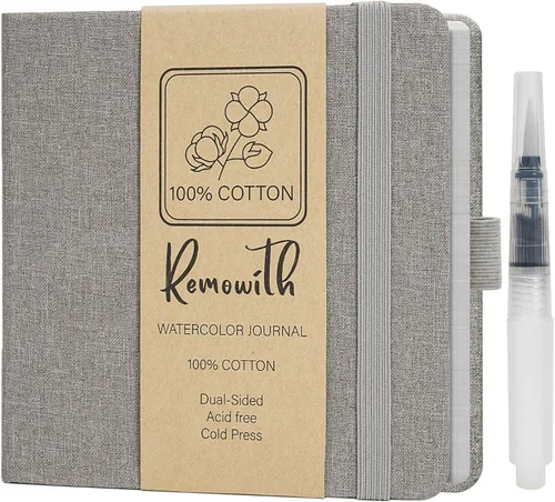 Vista 12 de Cuaderno de bocetos de acuarela, 5.5" x 5.5" Libros de bocetos Artista Cuaderno de papel de acuarela de algodón, cubierta de lino con bolígrafo