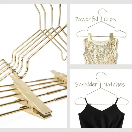 Vista 4 de Perchas para ropa de bebé de 12.6 pulgadas de metal dorado con 2 clips ajustables, almacenamiento de armario, estante resistente para camisas