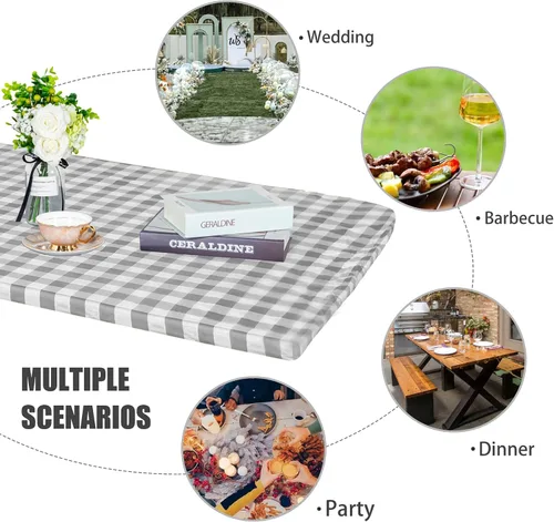 Vista 3 de Fitable Funda impermeable para mesa de picnic a cuadros, para exteriores, con fundas de banco, 3 piezas, mantel de vinilo ajustable de franela de 30