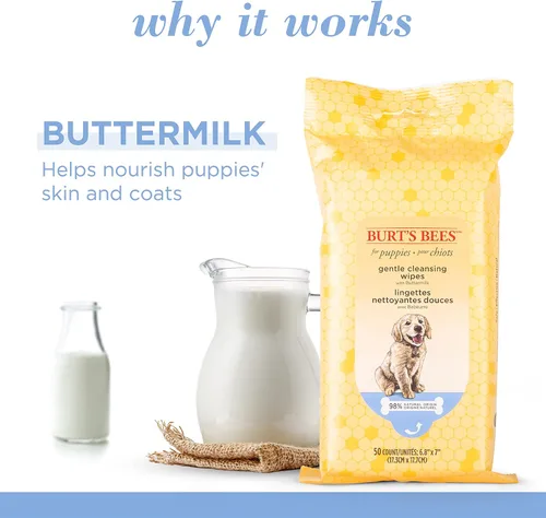 Vista 2 de Burt's Bees for Pets Toallitas limpiadoras suaves para cachorros con suero de leche, hipoalergénicas, 98% de origen natural que limpian