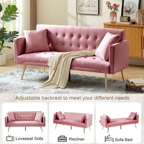 Vista 30 de Sofá cama moderno de terciopelo de 72 pulgadas, sofá cama plegable convertible con 3 respaldos ajustables, sofá biplaza reclinable copetudo