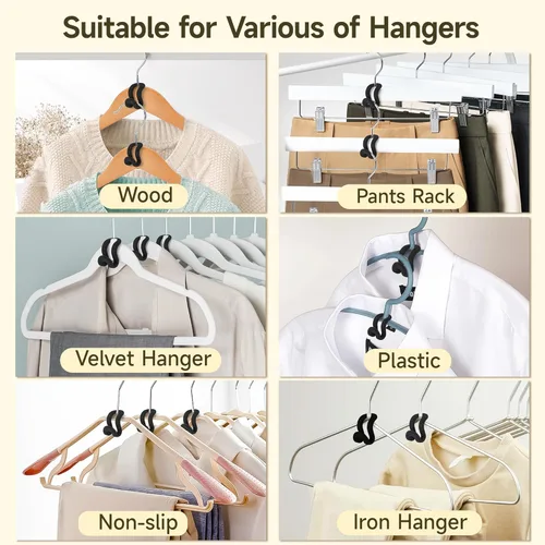 Vista 4 de Ganchos para colgar ropa, 60 piezas de ganchos de terciopelo resistentes con gancho en cascada, mini perchas en cascada para ropa, armario (negro)