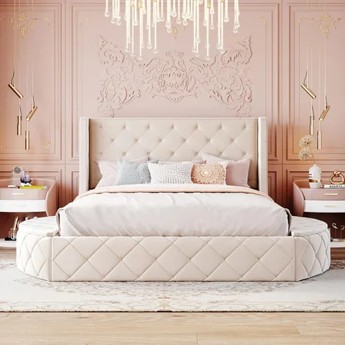 Vista 3 de Elegante cama de plataforma tapizada de terciopelo con 1 cajón grande y 2 taburetes de almacenamiento laterales, base de colchón de plataforma