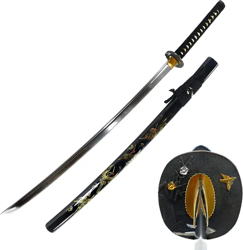 Makoto Espada Katana Samurái negra forjada a mano de 41 pulgadas, pintada a mano, vaina negra de alto brillo