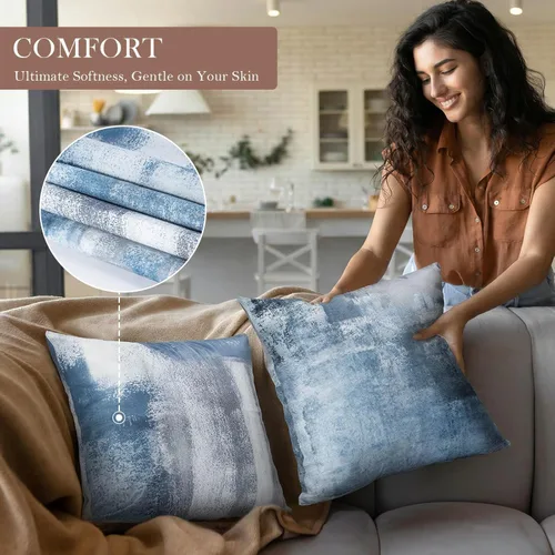 Vista 7 de Juego de 4 fundas de almohada de arte abstracto azul y gris de 18 x 18 pulgadas, fundas de cojín decorativas modernas para dormitorio, sofá y sala
