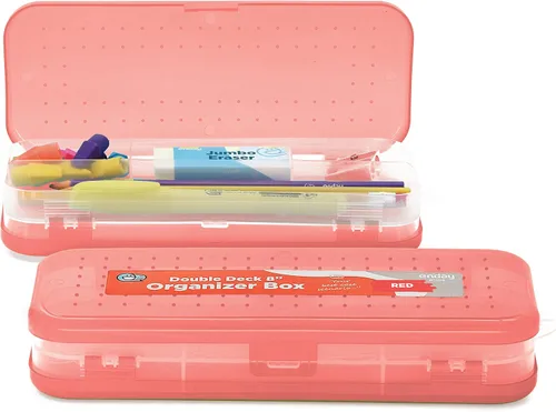 Vista 9 de Enday Caja de lápices azul, estuche de plástico de doble cubierta con 7 compartimentos, organizador de caja con cierre a presión para el hogar